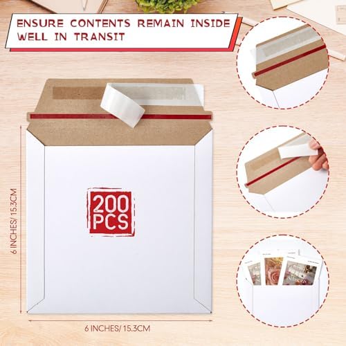 Fainne 200 Pcs 6 x 6'' Rigid Mailers 400 GSM Keep Flat Cardboard Mailers Shipping Cardboard Envelopes Disc DVD CD Envelopes with Self Adhesive Flap and Tear off Strip for Mailing Photo (White) - Image 2