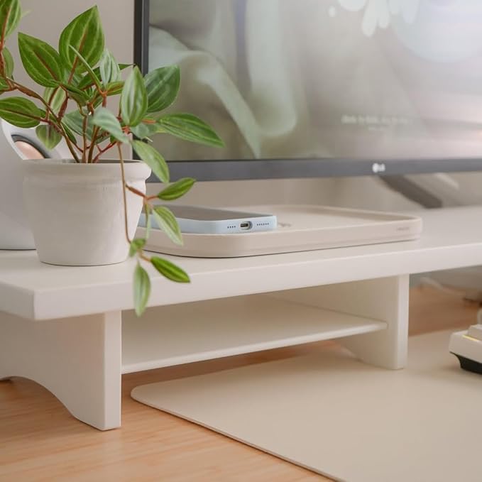 Bamboo Dual Monitor Stand Riser, 2-Tier Desk Shelf with Storage | 39.37-Inch Wide, 300 lbs Capacity, Removable Shelf for Monitors, Printer or TV in Home office, White - Image 5