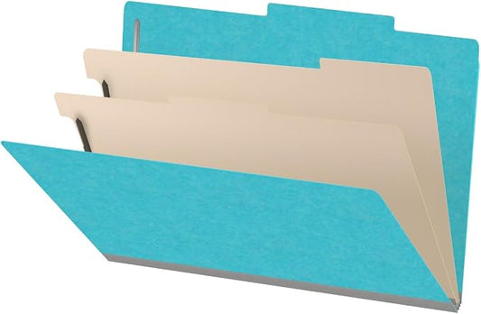18 pt Heavy Duty Top Tab Color Folders, 2/5 Cut ROC Top Tab, Legal Size, 2 Dividers, Light Blue (Box of 10) by Ecom+Folders
