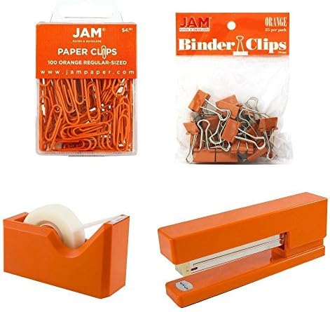 JAM PAPER Office Starter Kit - Orange - Stapler, Tape Dispenser, Paper Clips & Binder Clips - 4/Pack by JAMPaper