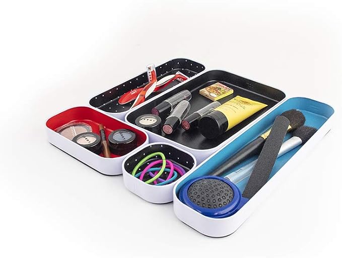 Three by Three Seattle Metal Drawer Organizer Tray Set, 5-Pc, 1" (Multi) | Colorful 1" metal bins; food-safe; soft non-scratch base; kitchen, bathroom, vanity, desk & office drawers - Image 3