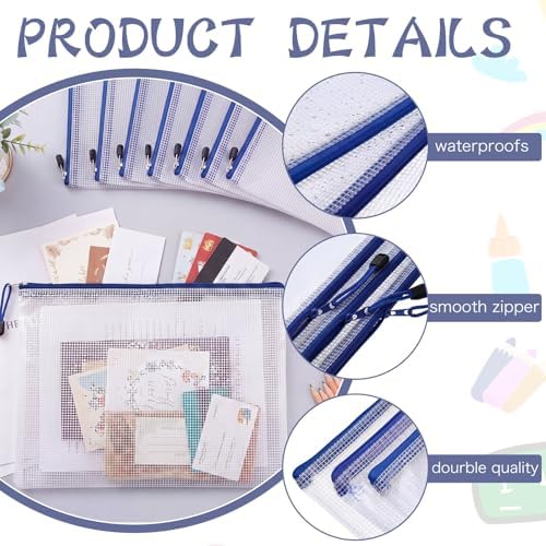 Zhehao 200 Pcs A4 Mesh Zipper Pouch Bulk Waterproof Mesh Zipper Organizer Plastic File Folder Case for School Office Supplies Document Board Games Puzzle (Blue) - Image 3