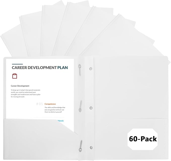 60-Pack Plastic Folders with Pockets and Prongs, 2-Pocket Poly Folders with 3 Fasteners Holds 8-1/2" x 11" Paper for School/Office/Home, White by EEHZTSIOFFICE