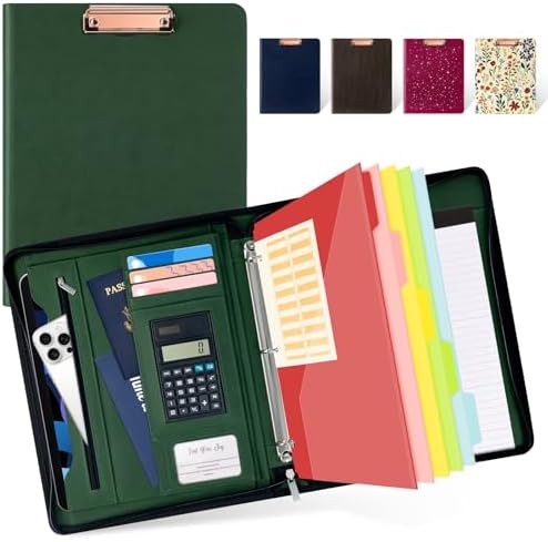 Ospelelf Green Clipboard with Storage 3 Binder Leather Portfolio Folder with Zipper, 12.1” Tablet Sleeve, 5 Dividers with Pocket, Refillable Notepad, Card Slot by OspelelfOfficeSupplies