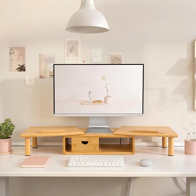 Dual Monitor Stand Riser with Drawer for Desk Laptop | Desk Shelf with Adjustable Length and Angle, Bamboo Computer Stand Riser for 2 or 3 Monitors Screen Laptop PC TV -Natural - Image 5