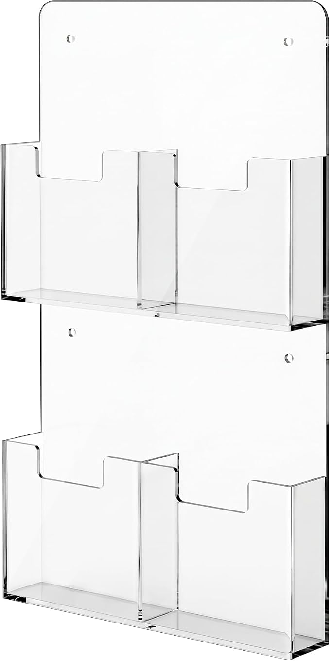 Barydat 4 Pocket Acrylic Brochure Holder Wall Mount 7.4 x 4.2 Inches | Clear Pamphlet Holder Plastic Trifold Flyer Rack Magazine Display Stand Wall Hanging Organizer for Office Menu Ads by home