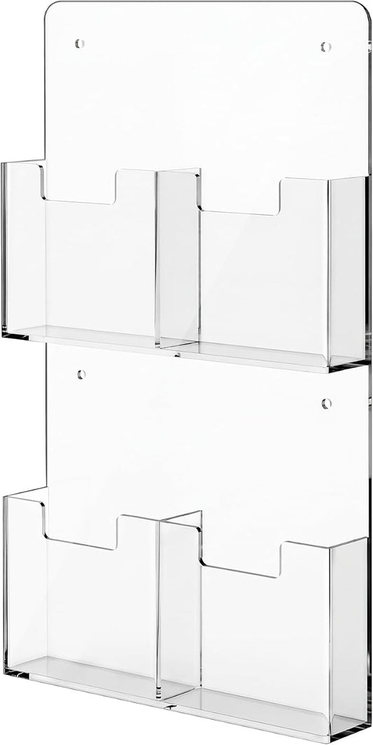 Barydat 4 Pocket Acrylic Brochure Holder Wall Mount 7.4 x 4.2 Inches | Clear Pamphlet Holder Plastic Trifold Flyer Rack Magazine Display Stand Wall Hanging Organizer for Office Menu Ads by home