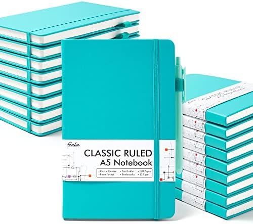 feela 18 Pack Journal Notebook for Work, Business Notebook Bulk Hardcover Lined Writing Journal with Pen Holder for Men Women Note Taking, with 18 Black Pens, 120 GSM, 5.1”x8.3”, A5, Emerald by feela