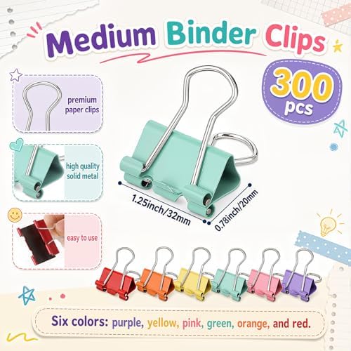 Yexiya 300 Pcs Medium Binder Clips, 1.25 Inch Paper Clamps,Bright Color - Image 2