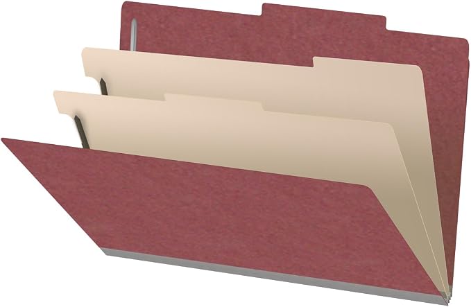 25 Pt. Pressboard Classification Folders, 2/5 Cut ROC Top Tab, Legal Size, 2 Dividers, Dark Red (Box of 10) by Ecom+Folders