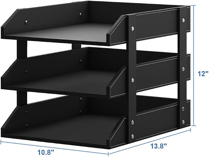 Leather Desk Organizer, Thipoten 3-Tier Stackable Letter Tray Holder for Office Supplies, Paper, File, Magazine, Perfect Office Organization for Desktop (Black-3Tiers) - Image 2