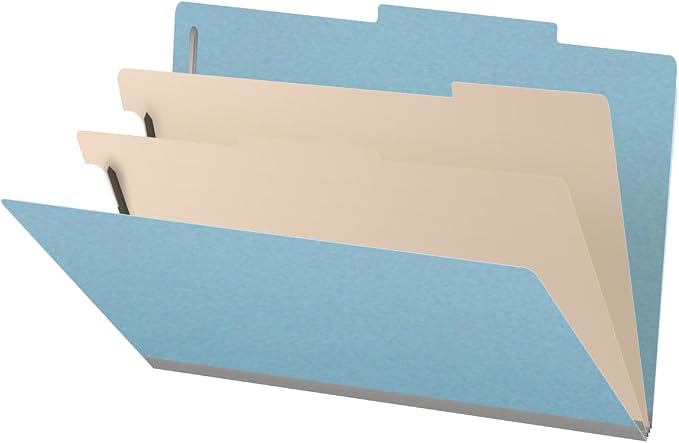25 Pt. Pressboard Classification Folders, 2/5 Cut ROC Top Tab, Legal Size, 2 Dividers, Light Blue (Box of 10) by Ecom+Folders