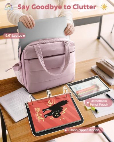 Puffer Zipper Binder 3 Ring with Pencil Pouch, 3" D-Ring Binder with Zipper and Shoulder Strap, 600+ Sheets Capacity Zip Up Binder with 15.6" Laptop Pocket, Binder Bag for School College Office, Pink - Image 5