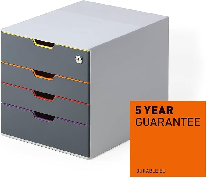Durable VARICOLOR 4 Lockable Drawer Unit - Gray Desktop Filing Drawer Set with 4 Color Coded Draws - Letter Size Files - Top Draw is Lockable - Perfect for Storing Documents and Paper Work - Image 4
