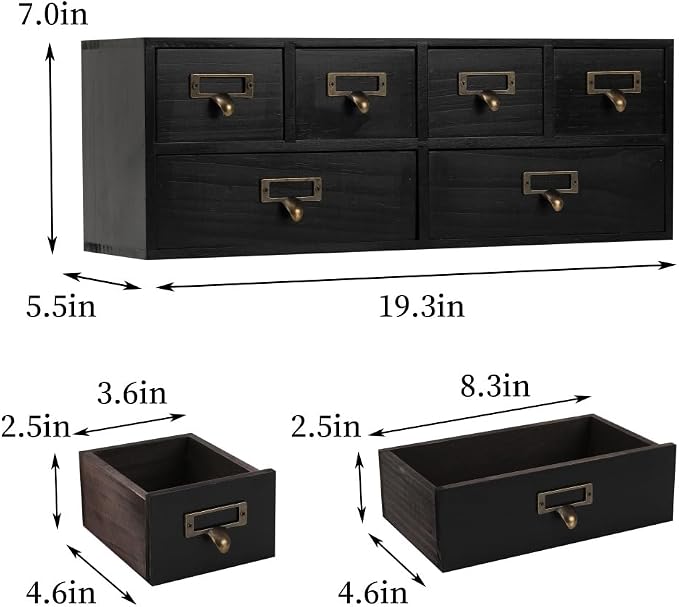Apothecary Cabinet with Drawers, Apothecary Drawers, Black 6 Wood Drawer | Vintage Wooden Storage Box Wood Desktop Organizer with Drawer, Library Card Catalog Cabinet - Image 3
