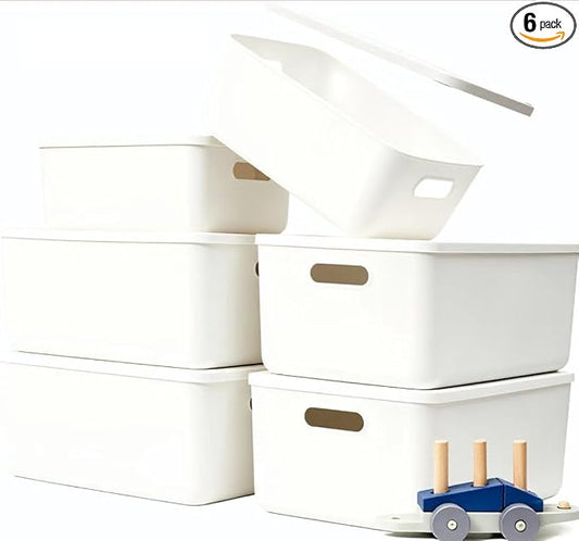 Ytteve 6 Pack White Stackable Plastic Storage Bins with Lids & Handles, Durable - 4 Large (14.4"x10.2"x6.3") & 2 Medium (11.8"x8"x4.7"), Multi-size for Closet, Shelves, Drawers, Home & Office by Ytteve
