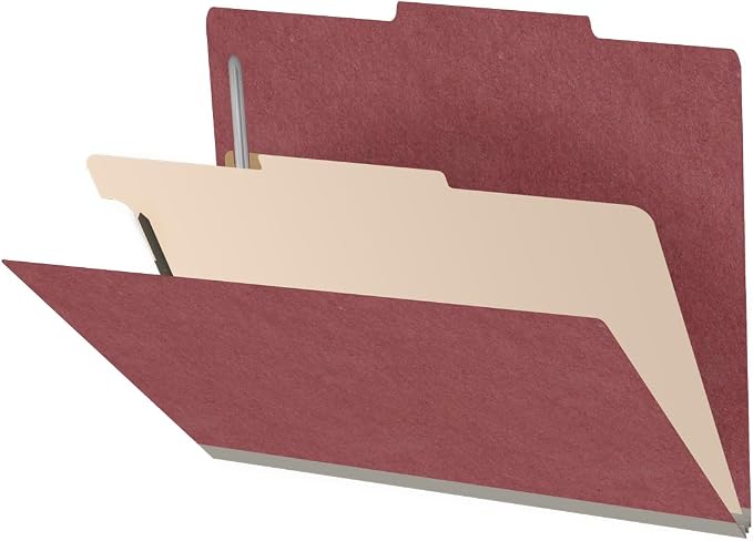 25 Pt. Pressboard Classification Folders, 2/5 Cut ROC Top Tab, Letter Size, 1 Divider, Dark Red (Box of 10) by Ecom+Folders