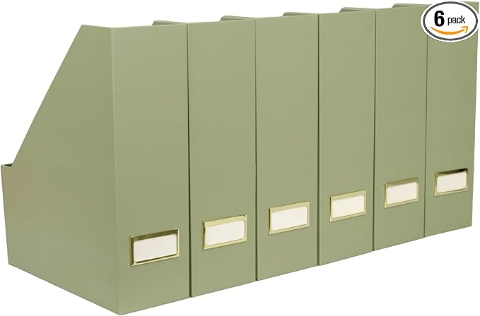 BLU MONACO | Set of 6 Foldable Magazine File Holders in Earth Green | Heavy-Duty Vertical File Organizers with Label Holders | Desk Organizer Set for Paperwork, Documents & Office Storage by Blu_Monaco