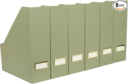 BLU MONACO | Set of 6 Foldable Magazine File Holders in Earth Green | Heavy-Duty Vertical File Organizers with Label Holders | Desk Organizer Set for Paperwork, Documents & Office Storage by Blu_Monaco