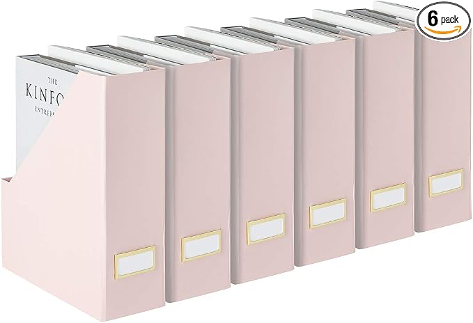 BLU MONACO | Cardboard Magazine File Holder Set of 6 Pink | Vertical Magazine File Holder with Gold Label Slots | Standing File Holder and Cardboard Bins for Shelves Desk Storage by Blu_Monaco