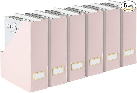 BLU MONACO | Cardboard Magazine File Holder Set of 6 Pink | Vertical Magazine File Holder with Gold Label Slots | Standing File Holder and Cardboard Bins for Shelves Desk Storage by Blu_Monaco
