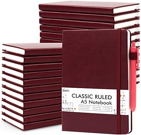 feela 24 Pack Journal Notebook for Work, Business Notebook Bulk Hardcover Lined Writing Journal with Pen Holder for Men Women Note Taking, with 24 Black Pens, 120 GSM, 5.1”x8.3”, A5, Wine by feela