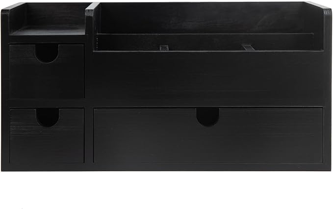Vintage Black Wooden Desktop Organizer Removable Drawers Office Supplies Wood Storage Cabinet Caddy Box Stationery Pencil Slots Mail Holder Note Pads Accessories Home Makeup Tools Cosmetics by EXOLIRY