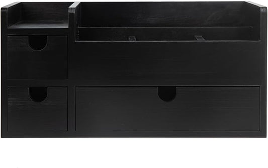 Vintage Black Wooden Desktop Organizer Removable Drawers Office Supplies Wood Storage Cabinet Caddy Box Stationery Pencil Slots Mail Holder Note Pads Accessories Home Makeup Tools Cosmetics by EXOLIRY