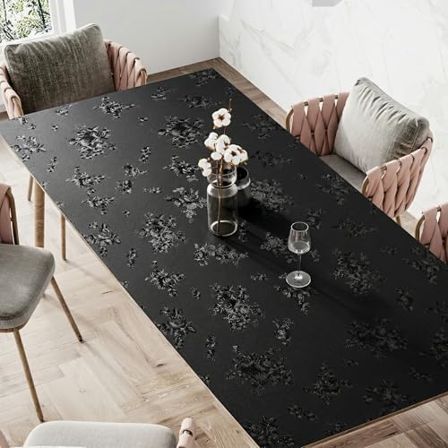 Floral Table Cover Protector Table Craft Mat, 42 x 72 Inch Upgraded 2.0mm Thick, Floral PVC Table Top Protector for Dining Room, Waterproof Black Desk Pad Mat, Easy to Wipe & Cut by PEADEEAS
