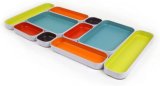 Three by Three Seattle Metal Drawer Organizer Tray Set, 10-Pc (Assorted) | Colorful food-safe metal bins; soft non-scratch base; organize utensils, makeup & supplies across every room by ThreebyThreeSeattle