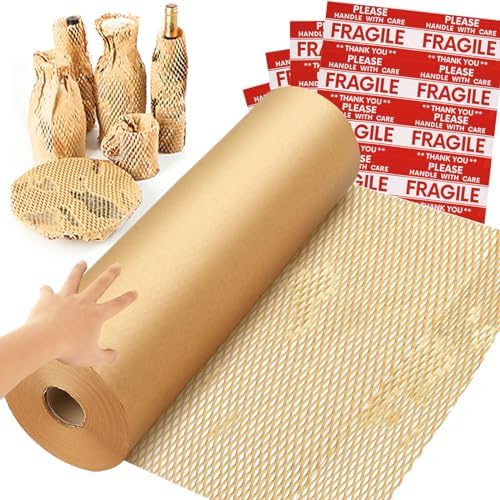 Honeycomb Packing Paper Wrap 15''x600', Substitute Alternative for Bubble Cushioning Wrap for Moving Shipping Packaging, Recyclable Moving Supplies with 48 Fragile Sticker Labels by NAPALOOK