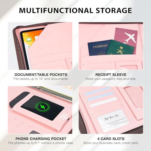 Ospelelf Zippered Padfolio Organizer, Faux Leather 3 Ring Binder with Clipboard, Letter Size Business Portfolio with Notepad, Tablet Sleeve & Phone Pockets for Office Work Pink - Image 4