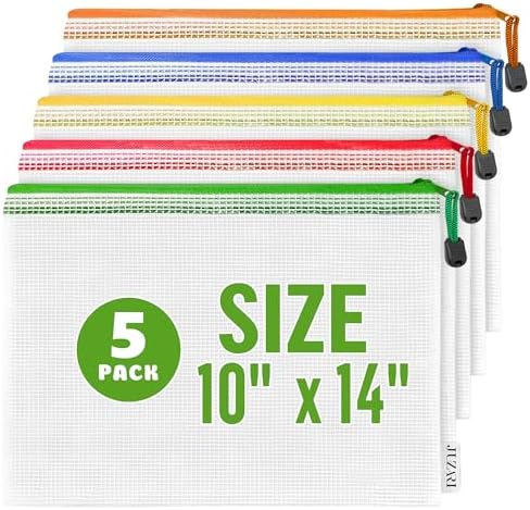 5 Pack Mesh Zipper Pouch Bags 10x14 inch - Plastic Zipper Pouches for Organizing - Document Bags with Zippered - Letter Size Zippered Pouch - Document Pouches Clear Zip Bags - Mesh Storage Bags by Juzari