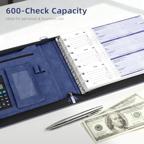 Ospelelf Blue Zippered 7 Ring Check Binder for Business Checks (9" x 13"), 1 Inch Faux Leather Checkbook Portfolio with Zipper Pouch, Professional Binder Organizer for Accountants, Home Use - Image 5