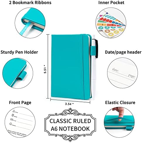 feela 15 Pack Pocket Small Notebooks Bulk, Mini Cute Notepads Hardcover College Ruled Lined Journals with Pen Holder for School Business Memos, with 15 Black Pens, 3.5”x 5.5”, A6, Emerald - Image 2