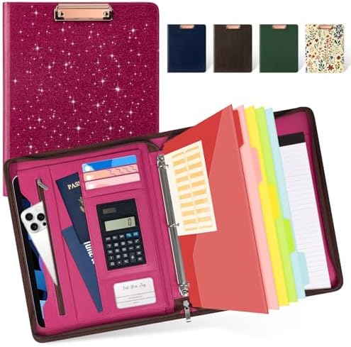 Ospelelf Zipper Clipboard with Storage, Leather Padfolio Portfolio Folder, 3 Ring Binder Dividers with Tabs, 12.1” Tablet Sleeve, Refillable Notepad, Card Slot (Rose Red) by OspelelfOfficeSupplies