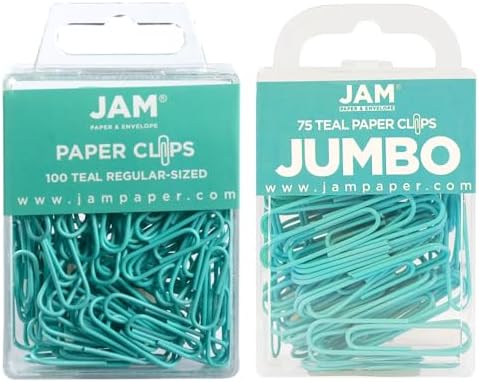 JAM PAPER Combo Pack Colorful Paper Clips - Standard & Jumbo - Teal Paperclips - 1 Pack of 100 & 1 Pack of 75 by JAMPaper