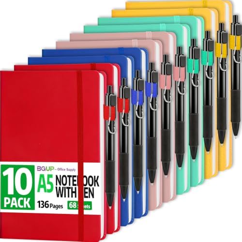 10 Pack Lined Journal Notebook with Pen, A5 Hardcover Leather Journal 5.5"*8.3", 5 Colors 136 Pages College Ruled Notebooks and Pen Set for Office School Business Supplies by BGUP
