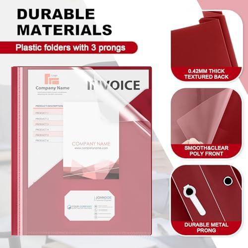 Teling 24 Pcs Clear Front Report Covers with 3 Prongs, Suit for A4/8.5'' x 11'' Letter Size Paper, Plastic Dark Red Presentation Folders Bulk, 90 Sheet Capacity, for School Business - Image 3