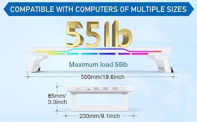Monitor Stand Riser with USB 3.0 Hub & Type-C Port, 15W Fast Wireless Charging & RGB Lighting, Desk Organizer for Home Office PC iMac 27 Inch (White) - Image 5