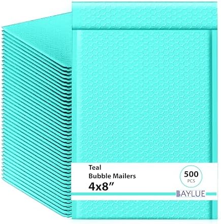 Aqua Teal Bubble Mailers 4x8, Poly Padded Envelopes #000, 500 Pack by BAYLUE