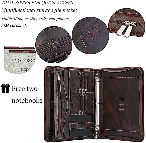Zippered Padfolio Binder, Faux Leather Organizer with 3-Ring Binder, Left-Handed Design, Business Card Slots & Document Folders - Professional Padfolio for Office (Dark Brown) - Image 3