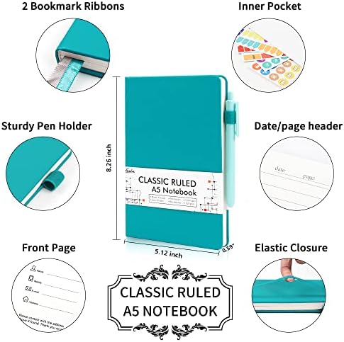 feela 18 Pack Journal Notebook for Work, Business Notebook Bulk Hardcover Lined Writing Journal with Pen Holder for Men Women Note Taking, with 18 Black Pens, 120 GSM, 5.1”x8.3”, A5, Emerald - Image 2