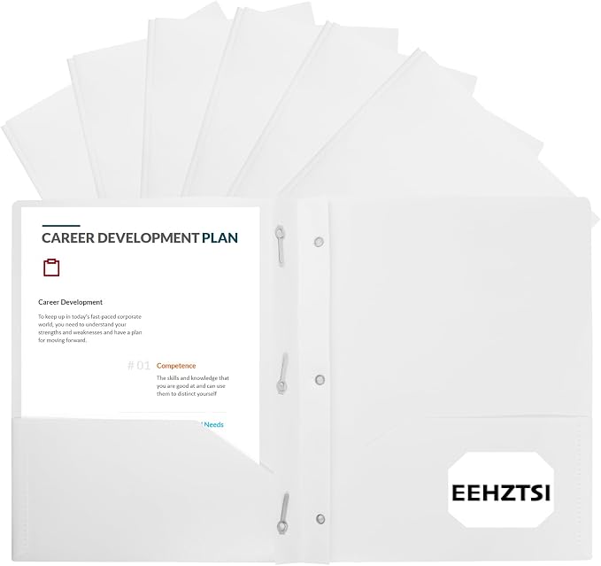 12-Pack Plastic Folders with Pockets and Prongs, 2-Pocket Poly Folders with 3 Fasteners Holds 8-1/2" x 11" Paper for School/Office/Home, White by EEHZTSIOFFICE