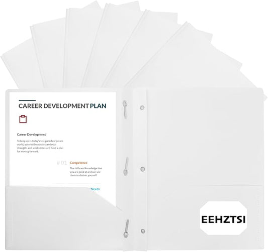 12-Pack Plastic Folders with Pockets and Prongs, 2-Pocket Poly Folders with 3 Fasteners Holds 8-1/2" x 11" Paper for School/Office/Home, White by EEHZTSIOFFICE