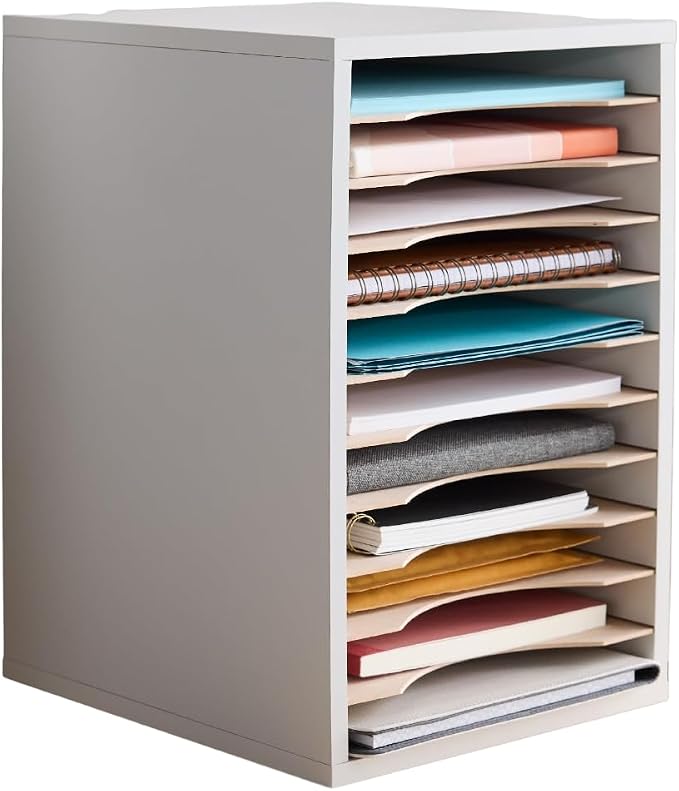 Safco Vertical Literature Organizer, 11 Compartments, Office and Classroom Mailbox with Adjustable Shelves, Wood Paper and Mail Sorter, Modern Gray by SafcoProducts