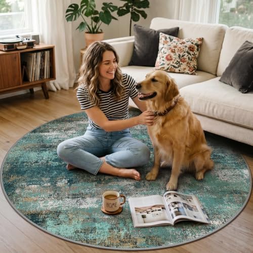 5FT Round Office Chair Mat for Hardwood Floor, Non-Slip Washable Teal Blue - Image 3