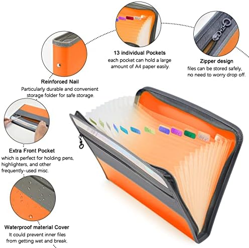 NAFY Expanding File Folders, 2Pack 13 Pockets Document Organizer with Zipper, A4 Letter Size Portable Accordion Expanding File Folders with Multicolor Labels for Office School Supplies (Black+Orange) - Image 3