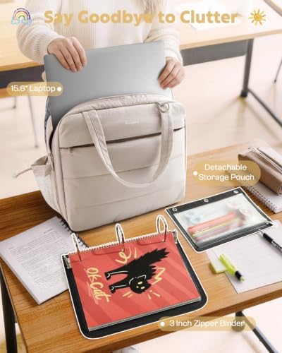 Puffer Zipper Binder 3 Ring with Pencil Pouch, 3" D-ring Binder with Zipper and Shoulder Strap, 600+ Sheets Capacity Zip Up Binder with 15.6" Laptop Pocket, Binder Bag for School College Office, Beige - Image 5