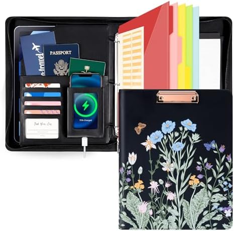 Ospelelf Leather Clipboard with Storage, Zippered Padfolio Portfolio Organizer, 3 Ring Binder 1 Inch, Notepad, Tablet Sleeve, 5 Dividers with Pocket for Office,Students, Teachers Night Flowers by OspelelfOfficeSupplies